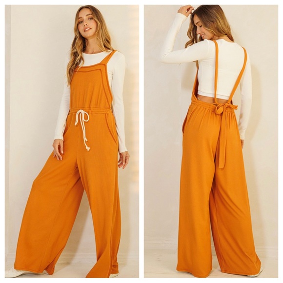 07 Boho Ribbed Knit Wide Leg Tie at Waist Jumpsuit - Picture 3 of 5